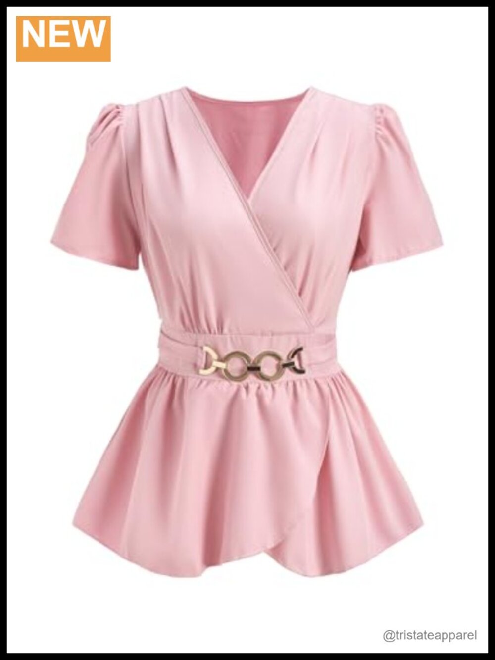 Women's Peplum Wrap V Neck Puff Sleeve Blouse with Chain Trim, Polyester